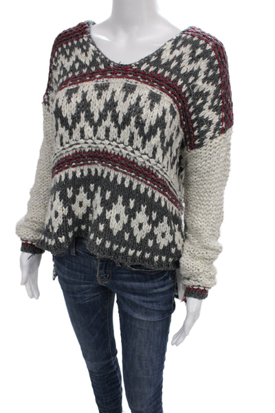 Free People Unisex Pullover Bohemian Fair Isle V Neck Beige Long Sleeve Size M