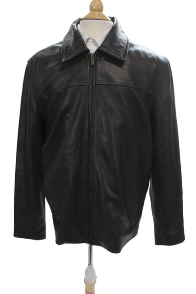 Cole Haan Men Genuine Lambskin Collared Zip Jacket Black Classic Fall Size XL