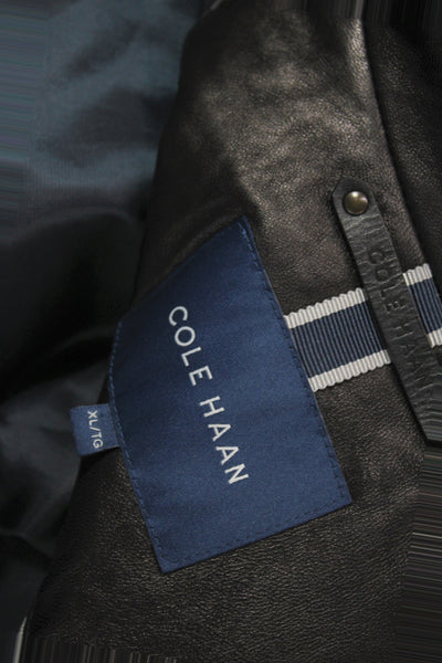 Cole Haan Men Genuine Lambskin Collared Zip Jacket Black Classic Fall Size XL