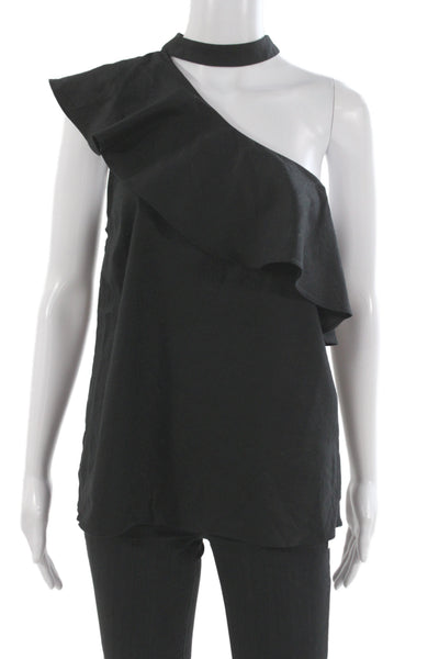 L'Academie Women Black Mock Neck Sleeveless Top Linen Blend Size M