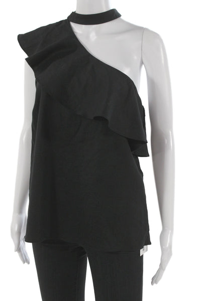 L'Academie Women Black Mock Neck Sleeveless Top Linen Blend Size M
