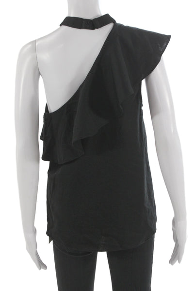 L'Academie Women Black Mock Neck Sleeveless Top Linen Blend Size M