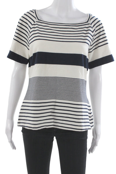 St John Women Striped Nautical White Square Neck T-Shirt Short Sleeve Size XL