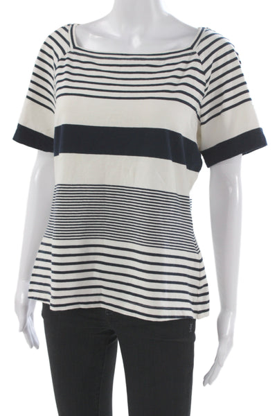 St John Women Striped Nautical White Square Neck T-Shirt Short Sleeve Size XL