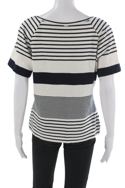 St John Women Striped Nautical White Square Neck T-Shirt Short Sleeve Size XL