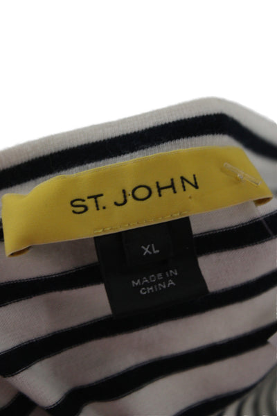 St John Women Striped Nautical White Square Neck T-Shirt Short Sleeve Size XL