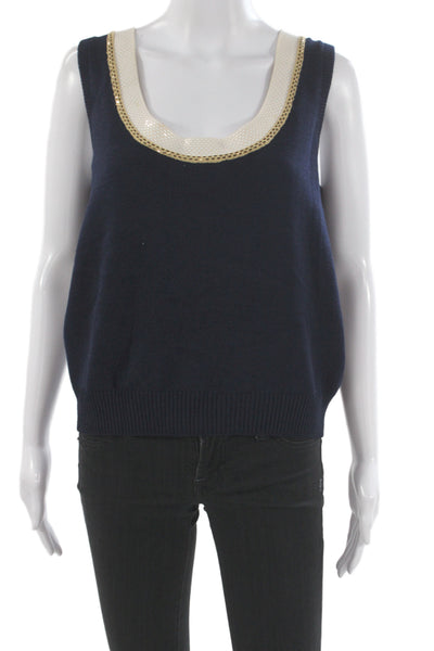 St. John Evening Women Sleeveless Tank Dark Blue Cotton Round Neck Size 14