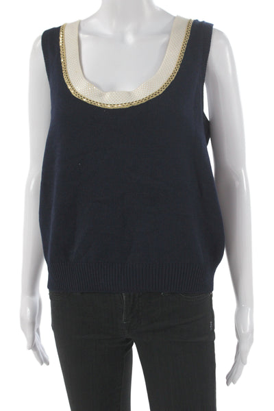 St. John Evening Women Sleeveless Tank Dark Blue Cotton Round Neck Size 14