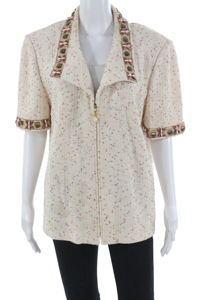 St. John Collection Womens Beige Tweed Cotton Collared Zip Jacket Size 16