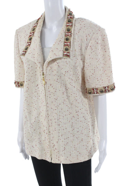 St. John Collection Womens Beige Tweed Cotton Collared Zip Jacket Size 16