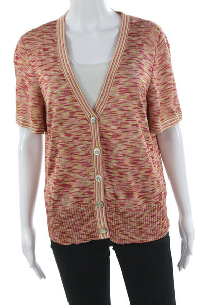 St. John Women Cardigan Pink V-Neck Button Short Sleeve Designer Size XL