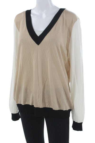 St. John Unisex Beige V-Neck Pullover Sweater Long Sleeve Designer Size XL