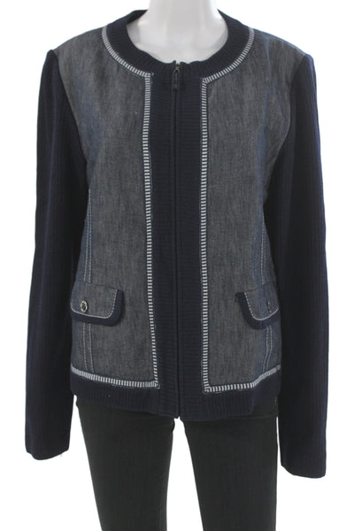 St. John Sport Women Dark Blue Wool Blend Button Crew Neck Jacket Size L