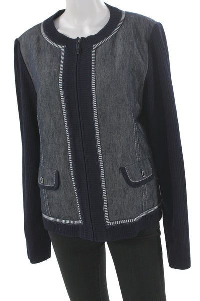 St. John Sport Women Dark Blue Wool Blend Button Crew Neck Jacket Size L