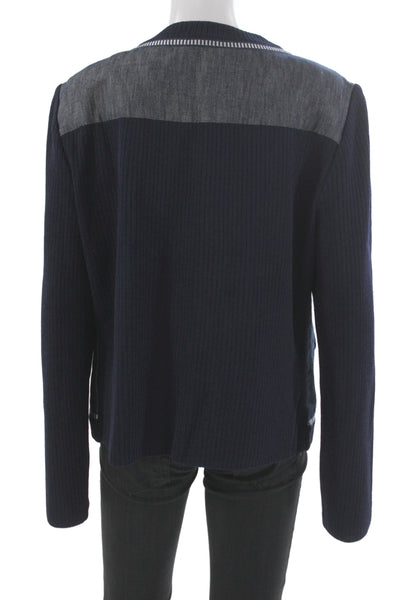 St. John Sport Women Dark Blue Wool Blend Button Crew Neck Jacket Size L