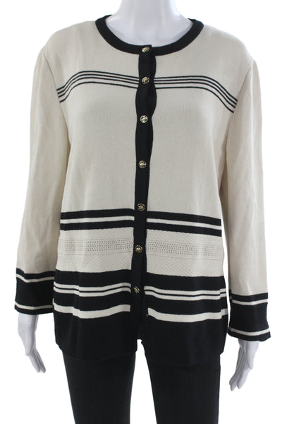 St John Collection Women Cardigan Beige Striped Cotton Round Neck Size XL
