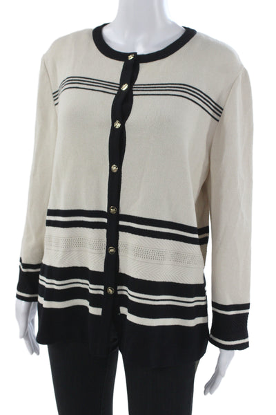 St John Collection Women Cardigan Beige Striped Cotton Round Neck Size XL