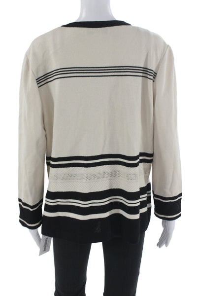 St John Collection Women Cardigan Beige Striped Cotton Round Neck Size XL