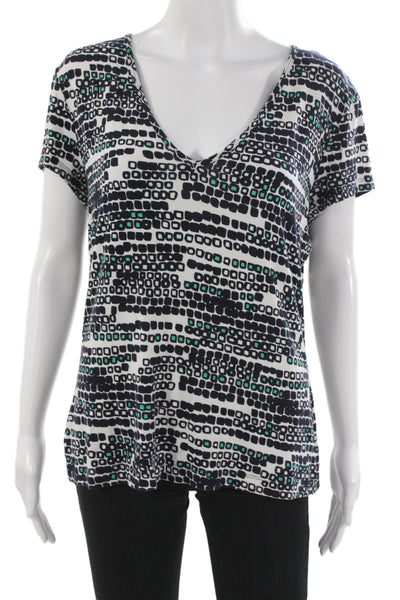 St. John Women Basic Jersey V-Neck T-Shirt Black Geometric Short Sleeve Size L