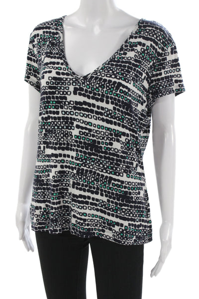 St. John Women Basic Jersey V-Neck T-Shirt Black Geometric Short Sleeve Size L