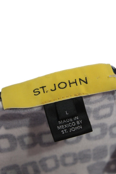 St. John Women Basic Jersey V-Neck T-Shirt Black Geometric Short Sleeve Size L