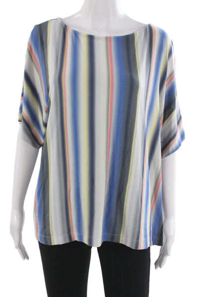 St. John Women Tunic Blouse Striped Blue Cotton Polyester Short Sleeve Size XL