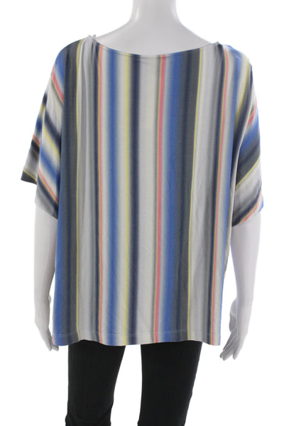 St. John Women Tunic Blouse Striped Blue Cotton Polyester Short Sleeve Size XL