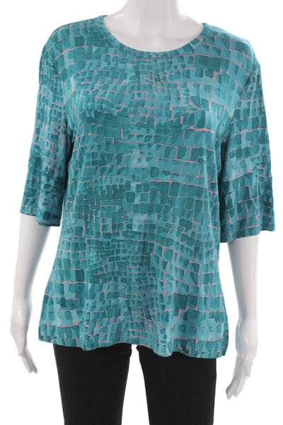 St. John Women Basic Blue Geometric Round Neck 3/4 Sleeve Blouse Size L