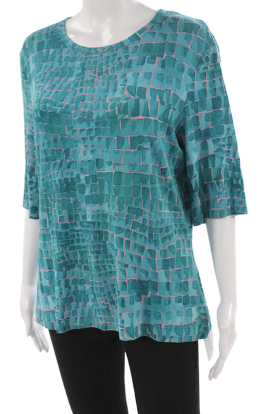 St. John Women Basic Blue Geometric Round Neck 3/4 Sleeve Blouse Size L