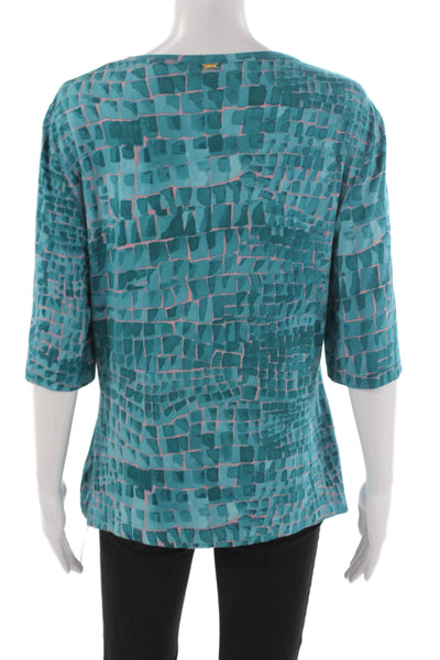 St. John Women Basic Blue Geometric Round Neck 3/4 Sleeve Blouse Size L