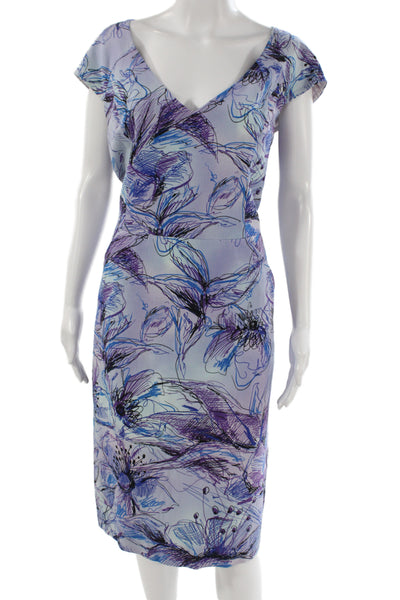 St. John Women Sheath Dress Light Blue V-Neck Mid-Calf Short Sleeve Size 16