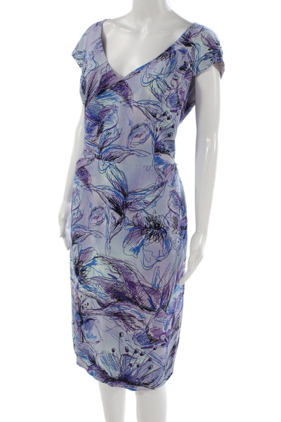 St. John Women Sheath Dress Light Blue V-Neck Mid-Calf Short Sleeve Size 16