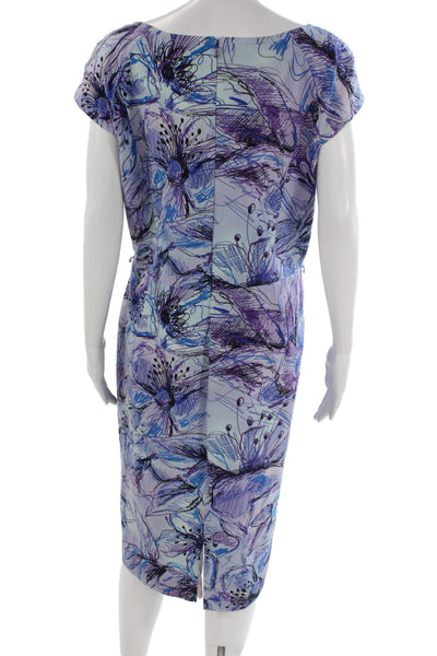 St. John Women Sheath Dress Light Blue V-Neck Mid-Calf Short Sleeve Size 16