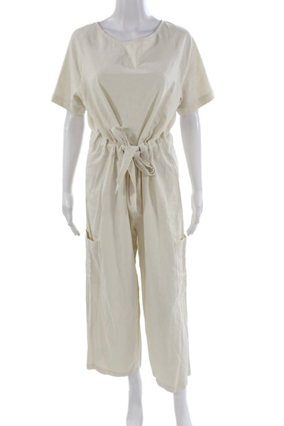 34N 118W Women Beige Silk Short Sleeve Round Neck Jumpsuit Size S