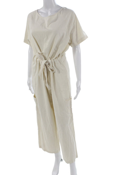 34N 118W Women Beige Silk Short Sleeve Round Neck Jumpsuit Size S