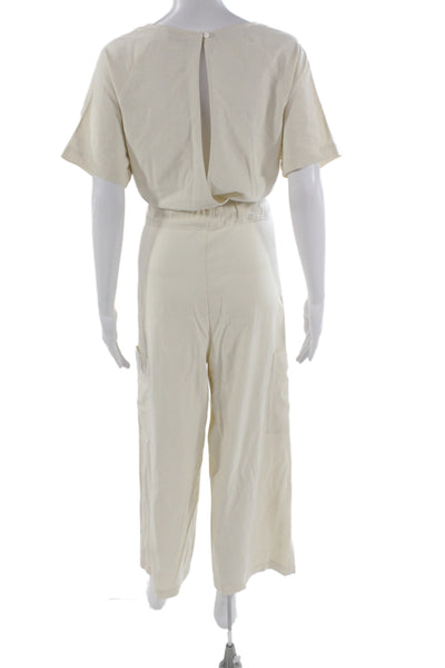 34N 118W Women Beige Silk Short Sleeve Round Neck Jumpsuit Size S