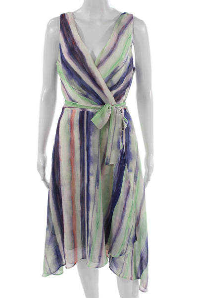 DKNY Women Wrap Dress Blue Striped V-Neck Sleeveless Knee Length Size 6