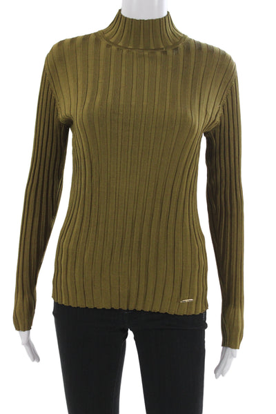 Elie Tahari Unisex Pullover Mock Neck Striped Green Long Sleeve Army Size M