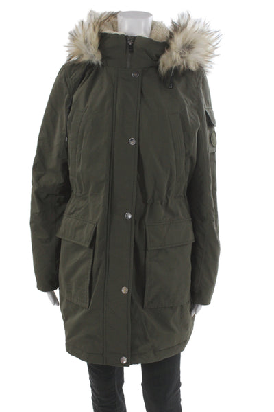 DKNY Womens Green Army Parka Button High Neck Long Sleeve Polyester Size L