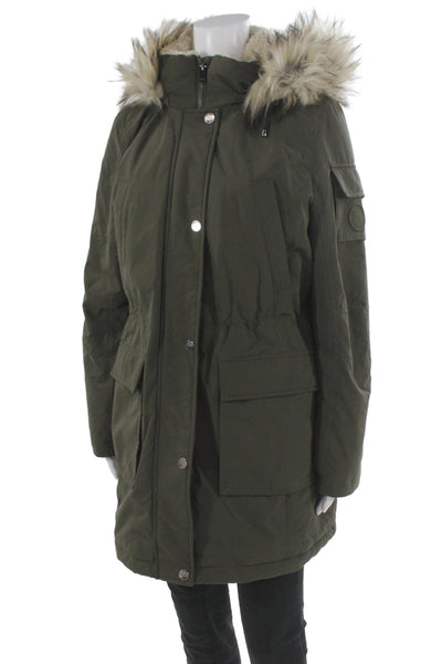 DKNY Womens Green Army Parka Button High Neck Long Sleeve Polyester Size L