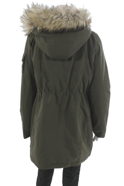 DKNY Womens Green Army Parka Button High Neck Long Sleeve Polyester Size L