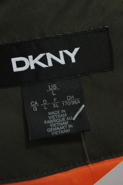 DKNY Womens Green Army Parka Button High Neck Long Sleeve Polyester Size L