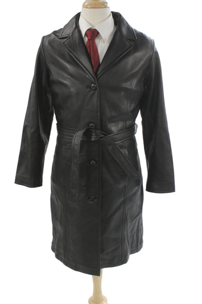 Wilsons Leather Mens Trench Coat Black Collared Button Long Sleeve Size L