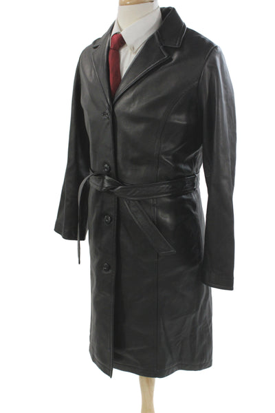 Wilsons Leather Mens Trench Coat Black Collared Button Long Sleeve Size L