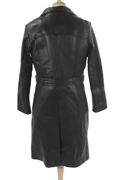 Wilsons Leather Mens Trench Coat Black Collared Button Long Sleeve Size L