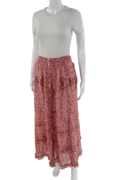 Poupette St. Barth Women Maxi Peasant Skirt Floral Pink Viscose Size L