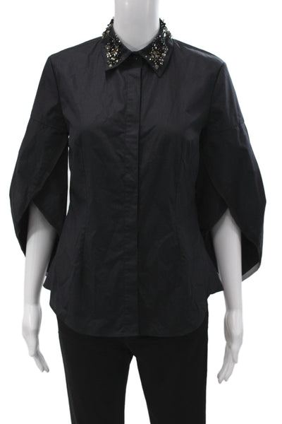 Zac Posen Women Sleeveless Collared Button-Up Black 100% Cotton Designer Size 4