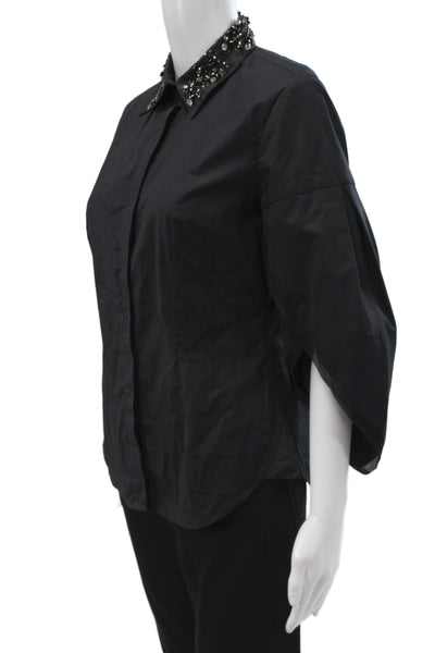 Zac Posen Women Sleeveless Collared Button-Up Black 100% Cotton Designer Size 4