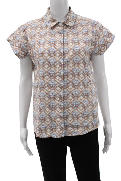 Sita Murt Women Beige Geometric Collared Button-Up Blouse Short Sleeve Size 36