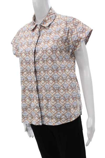 Sita Murt Women Beige Geometric Collared Button-Up Blouse Short Sleeve Size 36